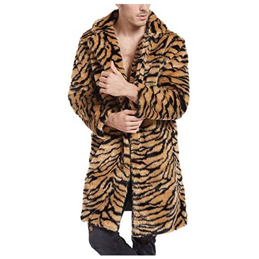 FNKDOR strisce di tigre finta pelliccia giacca uomo lungo elegante cappotto sciolto risvolto cardigan giubbotto marrone xl