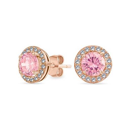 Bling Jewelry orecchini a perno rotondi solitari con alone di zirconia cubica simulata rosa di morganite placcati in oro rosa. 925 sterling silver 8mm