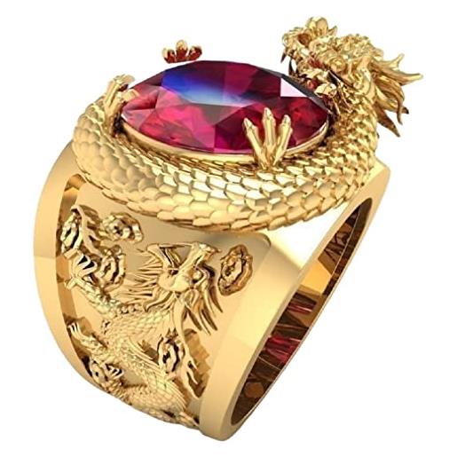 PikaLF anello da uomo con testa di drago nordico, anello di drago in cristallo rosso, anello con ciondolo a forma di drago dorato, anello di drago, no. 