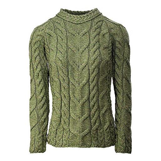 Aran Woollen Mills - carraig donn maglione da donna irlandese multi cablato raglan super morbido lana merino, verde muschio, l