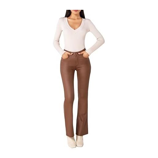 Lusty Chic pantaloni flare donna in ecopelle vita alta con tasche funzionali frontali e posteriori - stile elegante e biker (marrone scuro 1, xxl)