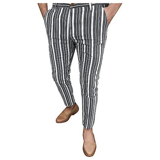 JMEDIC pantaloni uomo lino elastico rigato chiusura con bottone catena elegante casual (m, grigio)