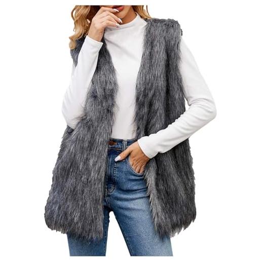TRIGLICOLEUM gilet lungo in pelliccia sintetica da donna, senza maniche, con scollo a v, elegante, tinta unita, spesso e caldo, in pelliccia sintetica, giacca invernale, grigio scuro, s