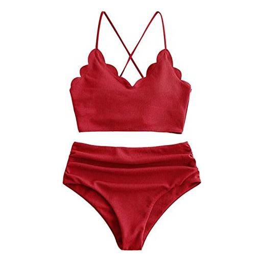 Vexiangni solid swimsuit two piece bikini women back rib high crisscross waist set swimwears tanis set (red, m)