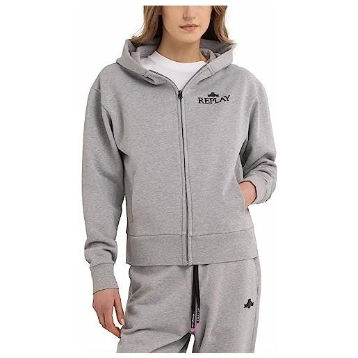 REPLAY felpa donna con cappuccio e zip, grigio (melange grey m08), m