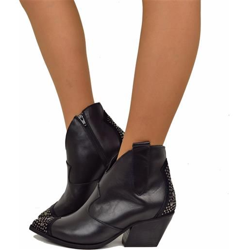 KikkiLine Calzature stivaletti texani donna neri alla caviglia in pelle con borchie