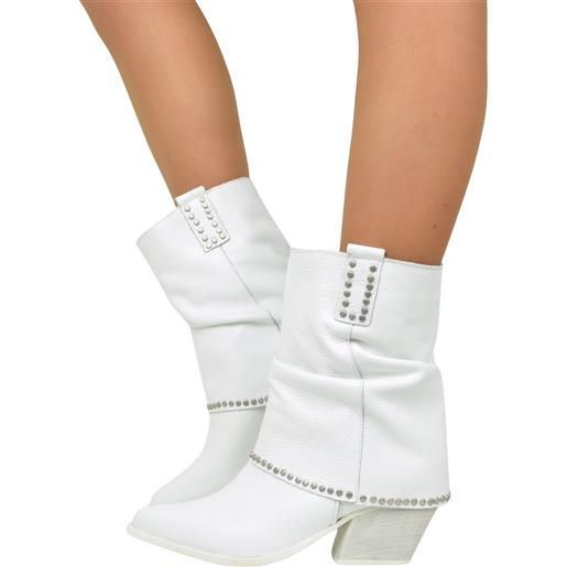 KikkiLine Calzature texanini con ghetta borchiati alla caviglia vera pelle artigianali bianchi
