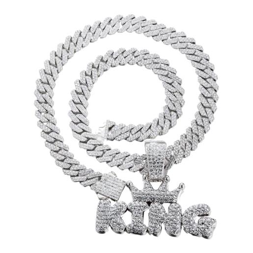 HALUKAKAH collana con ciondolo placcato in platino per uomo - oltre 1000 diamanti - catena a maglie cubane - ciondolo a lettera king della corona - stile hip hop - con scatola regalo