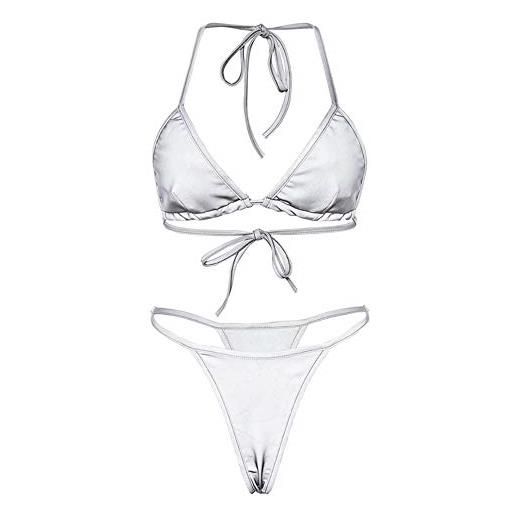 NewL nuovo donne triangolo due pezzi riflettente bikini brasiliana costumi da bagno donne push up beachwear mare e piscina (l)
