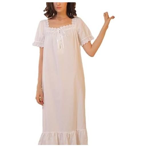 ttricche camicia da notte da donna, in cotone, stile vittoriano, a maniche corte, bianco, s