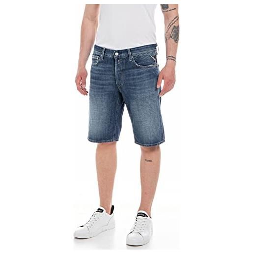 REPLAY pantaloncini in jeans uomo grover straight fit in 100% cotone, blu (dark blue 007), w34