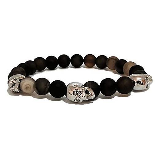 ROKETS Feel the energy rokets - bracciale eye tiger platinum skull - pietre semi preziose occhio di tigre - uomo e 3 teste di teschi placcate in argento patino, cod. 011