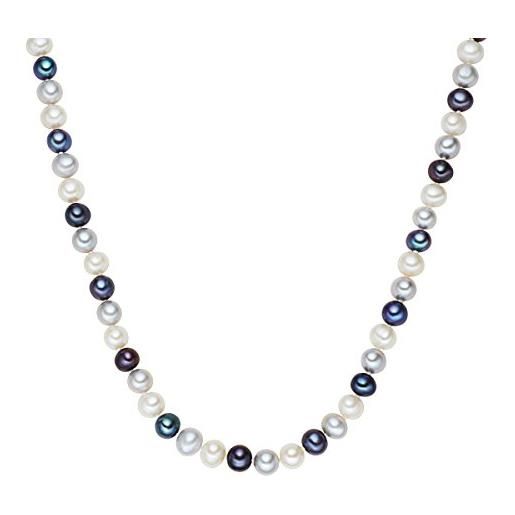 Valero Pearls collana da donna in argento 925 rodiato con perle d'acqua dolce coltivate bianco grigio chiaro blu pavone - collana con perle vere, argento, perla d'acqua dolce