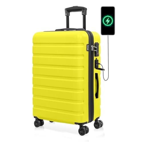 AnyZip valigia media pc abs valigia trolley rigido ultra leggero con usb chiusura tsa e 4 ruote doppie girevoli (giallo, l)