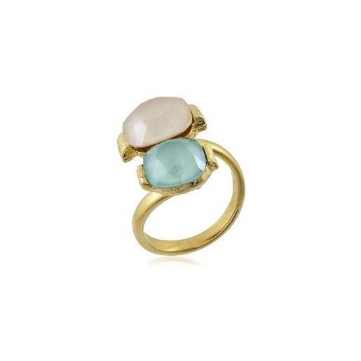 Malu Maiese anello regolabile da donna con due cristalli swarovski, placcato in oro 18 k, regalo da donna e ottone placcato oro giallo, regolabile, colore: acquamarina, cod. Mla900