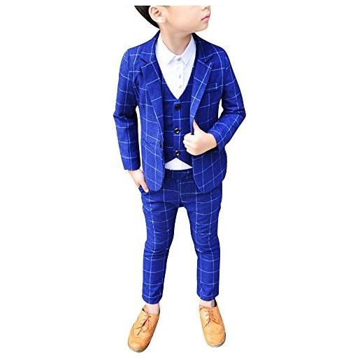 DianShao bambini bambino elegante 3 pezzi abito griglia set completo blazer + pantaloni + gilet blu 130