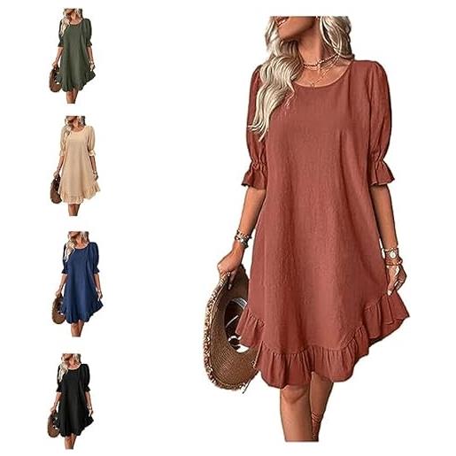YAERLE solid puff sleeve ruffle hem smock dress, round neck casual mid fit dress, summer fashion loose comfortable ruched dress for women (m, brown)