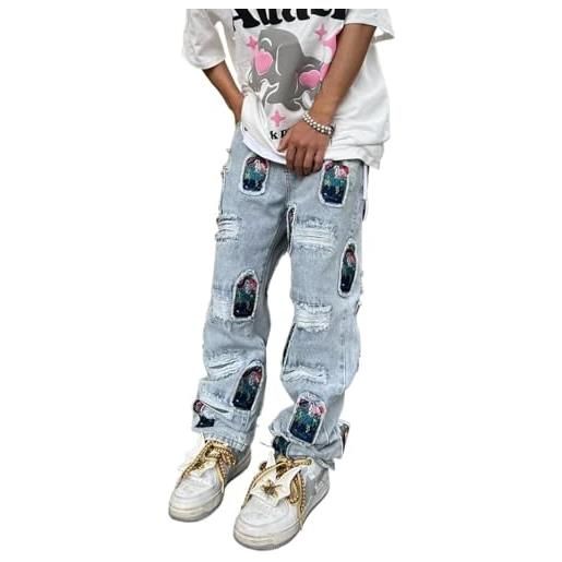 ERICAT jeans da uomo con patch con buco rotto, pantaloni lunghi dritti larghi, pantaloni in denim da uomo (color: blue, size: m)