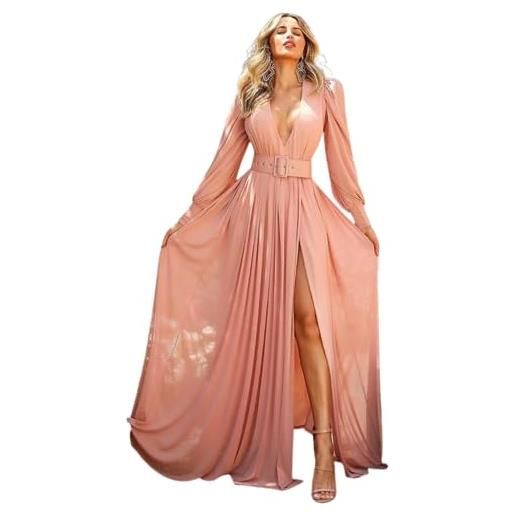 Generico abito donna lungo spacco alto manica sbuffo chiffon elegante rosa/taglia unica