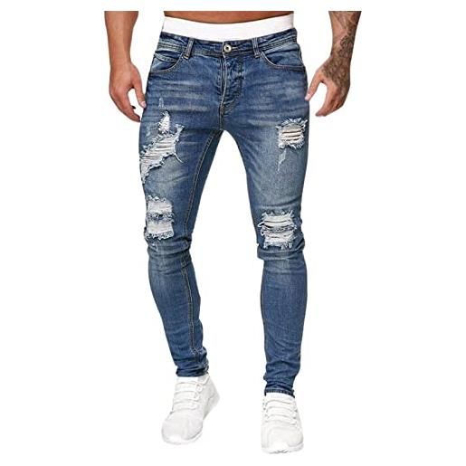 QWUVEDS pantaloni sportivi casual hip-hop da uomo ad alta elasticità, lavaggio stretto, lucidato, bianco, taglio strappato, chiusura lampo, jeans stretch jean, blu, l