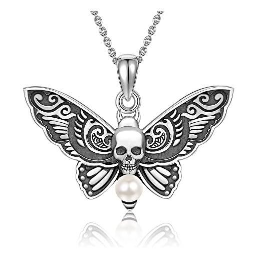 VENACOLY collana con teschio, in argento sterling tote motte collana gotica goth wicca falena ciondolo strega gioielli regali per le donne, argento sterling perla, non conoscere