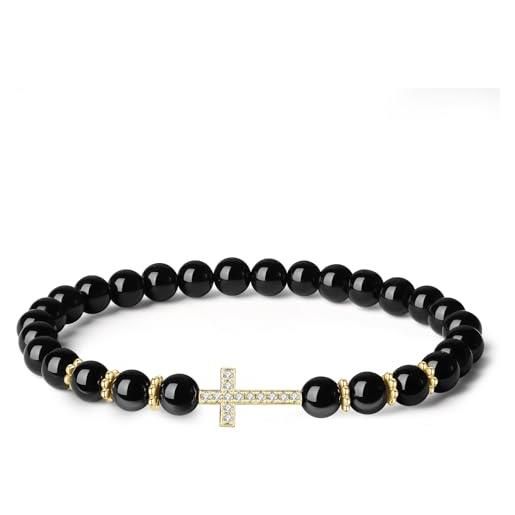 Bracciale in ematite e onice nero: croce d'oro, gioielli cristiani - Italia