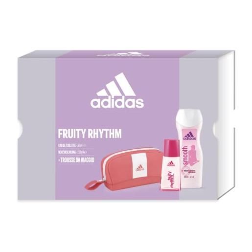 Adidas, confezione regalo donna fruity rhythm, profumo donna 30 ml e smooth gel doccia bagnoschiuma 250 ml e pochette