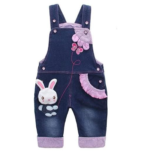 KIDSCOOL SPACE salopette di jeans per bambina, vestito da coniglietto 3d carino in denim per bambini, blu, 12-18 mesi