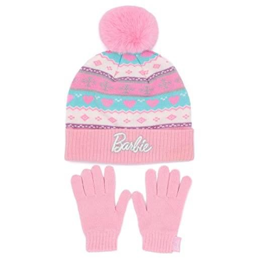 Barbie cappello guanti berretto invernale bambina logo rosa lavorato maglia pom