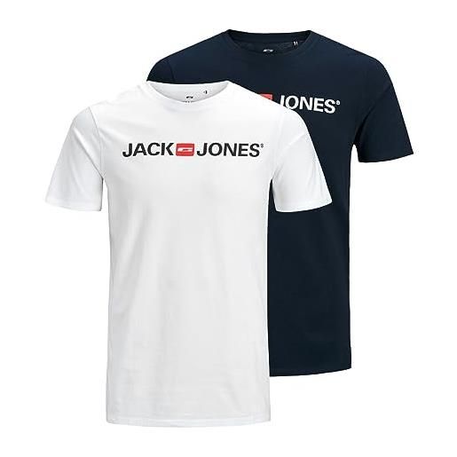 JACK & JONES maglia girocollo uomo, confezione da 2 pezzi, manica corta, in jersey di cotone, set base jjecorp, colore: bianco-blu, size: xs