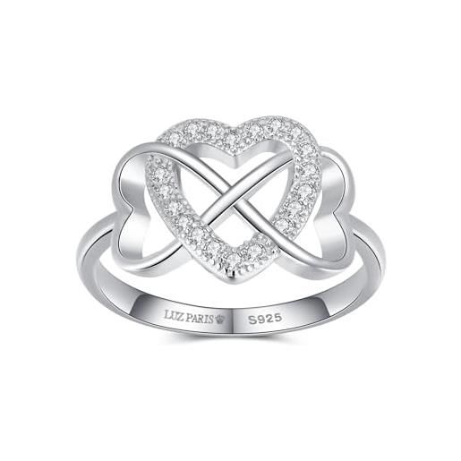LUZ PARIS - anello da donna in argento sterling 925 con design infinito e cuore con 20 zirconi bianchi incastonati - (misura 10 a 20), rodio su argento 925, argento sterling, zirconia cubica