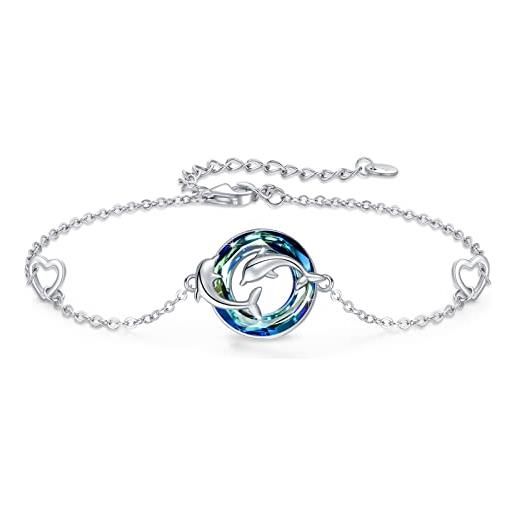 JFASHOP braccialetto con delfino in argento sterling 925, con doppio delfino, ideale come regalo per donne, fidanzate, madri, con scatola regalo, argento