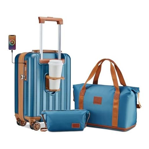 Joyway set di 3 valigie abs valigia bagaglio a mano set di valigie espandibile con serratura tsa 4 ruote girevoli, blu scuro marrone