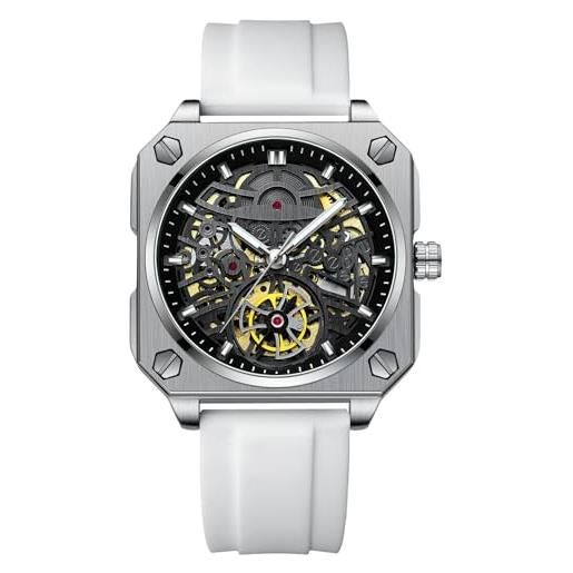 RORIOS orologio da uomo automatico meccanico orologi da polso minimalista scheletrato orologi casuale impermeabile orologi cinturino in silicone bianco nero b