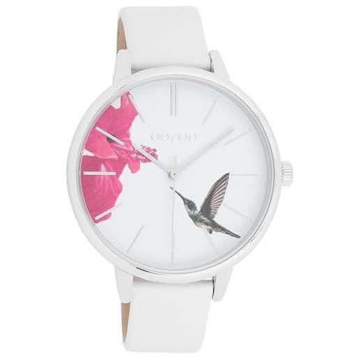 Oozoo orologio da donna con cinturino in pelle 42 mm colours of summer ibisco e colibrì in diverse varianti, c11066 - bianco