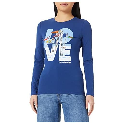 Love Moschino maglietta aderente a maniche lunghe con stampa winner love light transfer t-shirt, blu, 52 donna