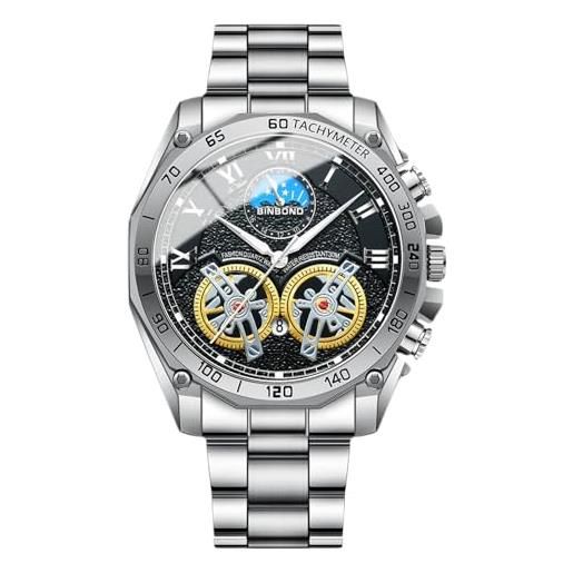 RORIOS orologio quarzo da uomo orologio da polso casuale acciaio inossidabile orologio moda analogico orologio luminosi calendario bianco nero b