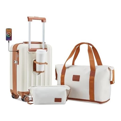 Joyway set di 3 valigie abs valigia bagaglio a mano set di valigie espandibile con serratura tsa 4 ruote girevoli, bianco marrone
