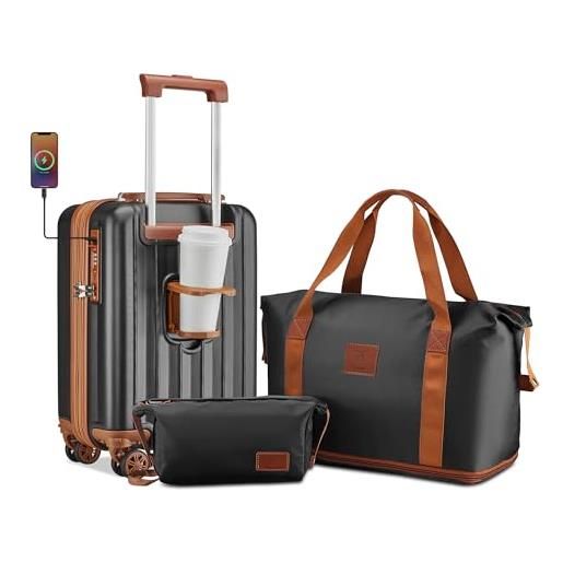 Joyway set di 3 valigie abs valigia bagaglio a mano set di valigie espandibile con serratura tsa 4 ruote girevoli, nero marrone