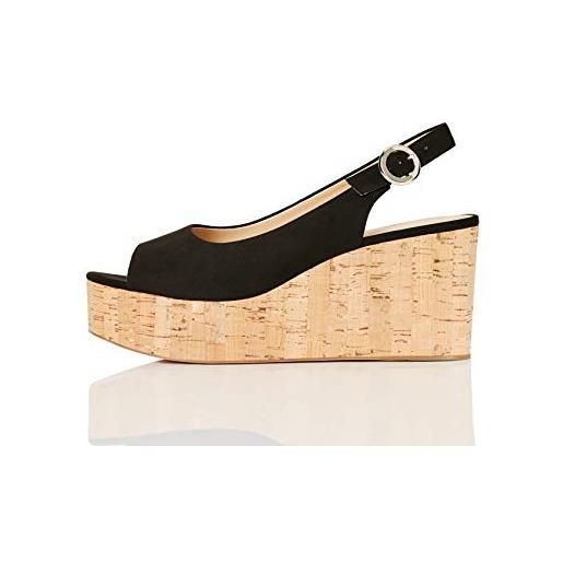 find. find cork peep toe sling back wedge - scarpe col tacco punta aperta donna, nero (black), 39 eu