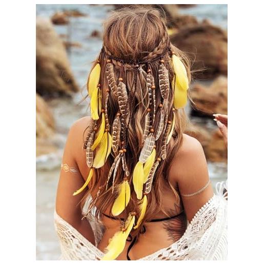Yean fascia per capelli con piume bohémien, con nappe, indiane, piume gialle, accessori per capelli per feste e rave per donne e ragazze