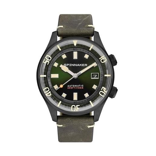 Spinnaker mens 42mm bradner automatic military green 3 hands watch with genuine leather strap sp-5062-04
