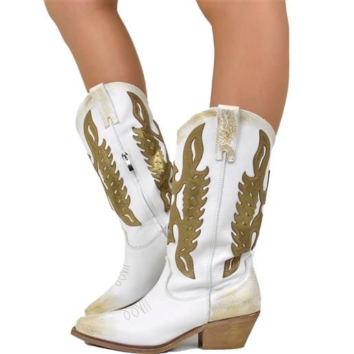 KikkiLine Calzature stivali texani donna con zip in pelle sfumata bianca e dorata