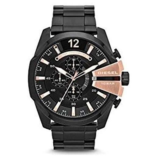 Diesel orologio mega chief da uomo, movimento cronografo, cassa in acciaio inossidabile nera da 51 mm con bracciale in acciaio inossidabile, dz4309