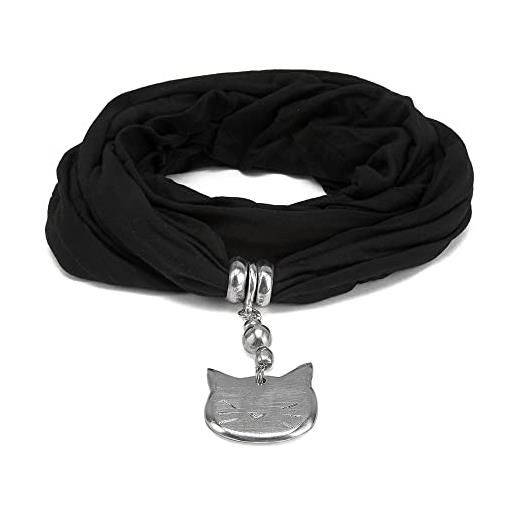 Vestopazzo sciarpa gioiello in tessuto jersey nero con pendente gatto realizzata a mano in alluminio 100% riciclato. Nickel tested al18041