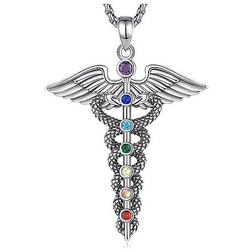 EUDORA Harmony Ball collana caduceo in argento sterling 925 per donna uomo, simbolo medico bastone di asclepio ali d'angelo protettore ciondolo gioielli amuleto regalo per dottore infermiere, 20+2