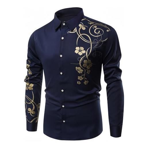ARbuliry camicie uomo, fiore schiacciato d'oro manica lunga cotone camicia elevata elasticità risvolto casual/affari men shirt, blu 3xl