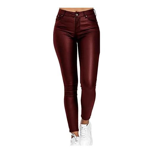 Leggings Donna Elasticizzati Vita Neri Finta Pelle Look Bagnato PVC