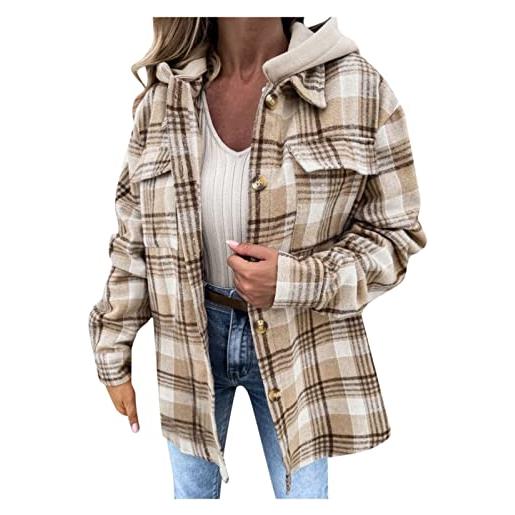 HHMY giacca a quadretti da donna, in pile, a maniche lunghe, per autunno, inverno, con tasche e abbottonatura, in peluche, oversize, beige. , s