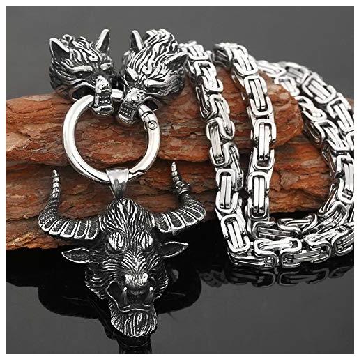 YCYR collana da uomo vintage testa di toro, mitologia vichinga norrena corno di bue animale ciondolo talismano con gioielli a catena bizantina testa di lupo, 70cm 28in
